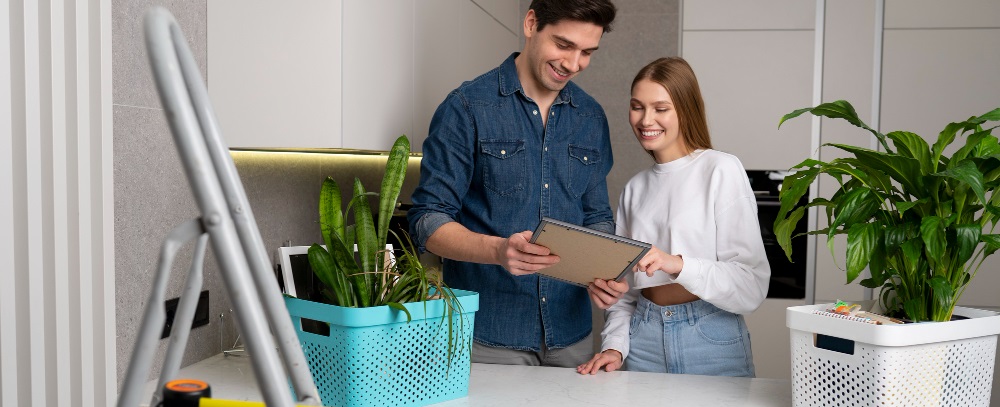 un couple avec des plantes vertes pour la décoration de leur intérieur