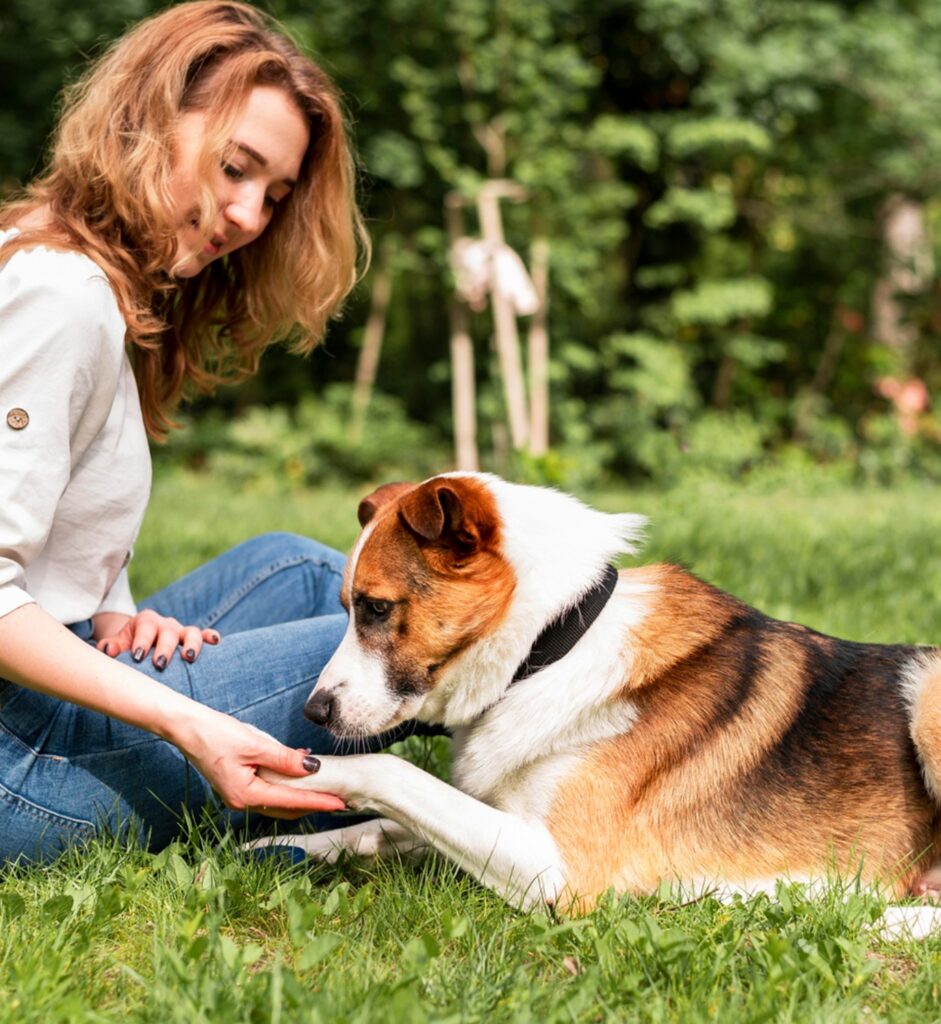 une femme avec un chien le tendant la patte