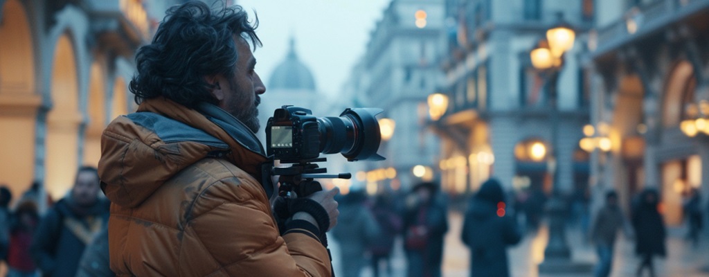 un photographe prenant une photo dans une rue