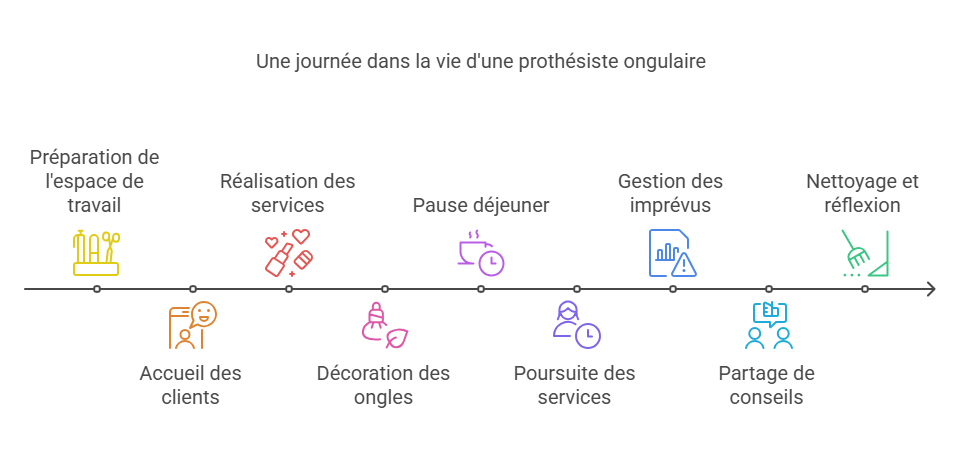 infographie de la journée type d'une prothésiste ongulaire